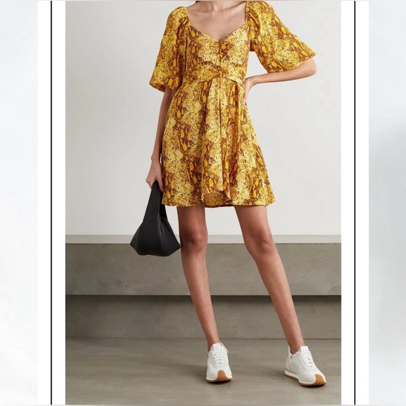 FAITHFULL THE BRAND Martine Snake Print Yellow Brown Crepe Mini Dress 4 S - Picture 1 of 11